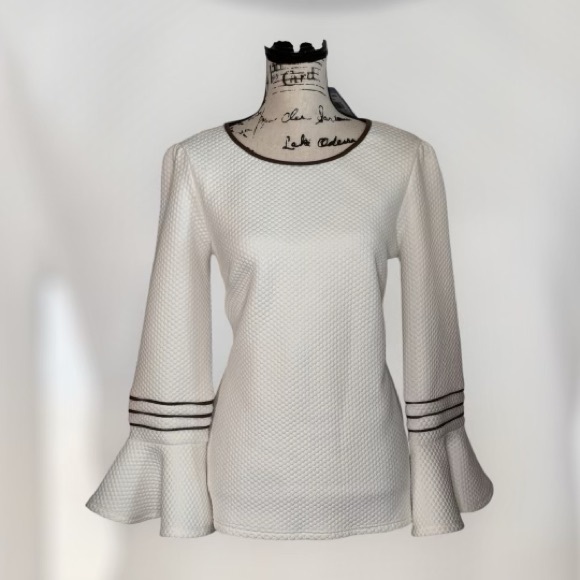 STS Sail to Sable Ivory Bell Sleeve Top 3/4 Sleeve Detailing Brown Trim Top Sz M - Picture 1 of 8